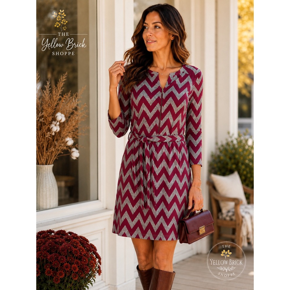 Tacera Chevron Sweater Dress Women's Medium Burgundy Gray Zip Front Belted Dress